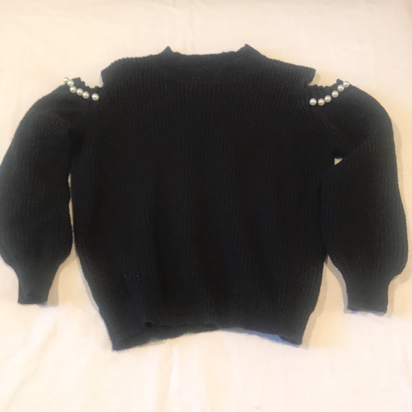 Soft Sweater Black Ribbed White Faux Pearls Cold Shoulder Aiblee S - Picture 5 of 14